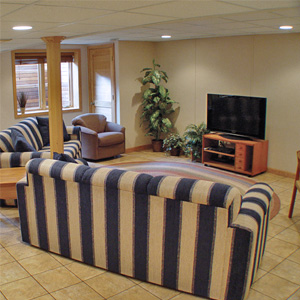 A Finished Basement Living Room Area in Madison, CT