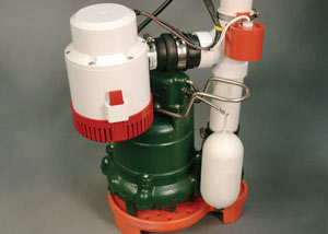 A cast-iron Zoeller® sump pump with battery backup and pump stand